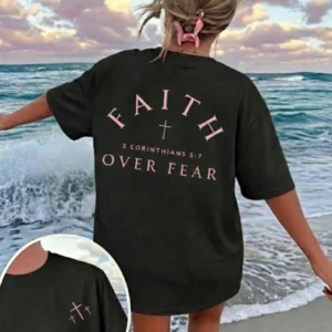 Standard "Faith Overcomes Fear" Christian Inspirational Graphic T-Shirt, Comfortable 2026 Casual Short Sleeve Crew Neck Faith Apparel Black Summer