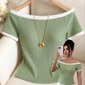 SHEIN Elenzya Matcha Green Off-Shoulder Contrast Color Knit Top Slim Fit Ribbed Short Sleeve T-Shirt Minimalist Sexy Style Shoulder-Exposing Slimming Base Layer
